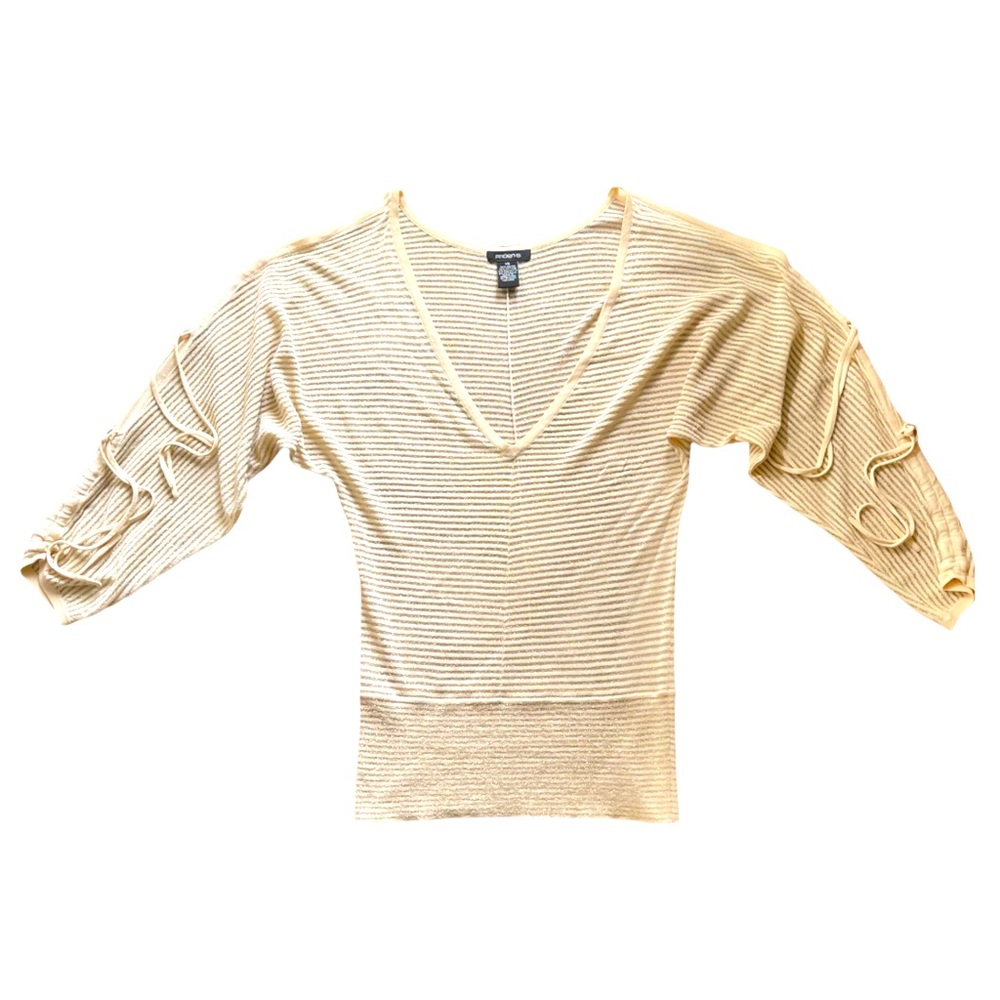 Arden B | Sheer Gold Glitter Stripped Open Shoulder V Neck W/Ties Top  | Size XS